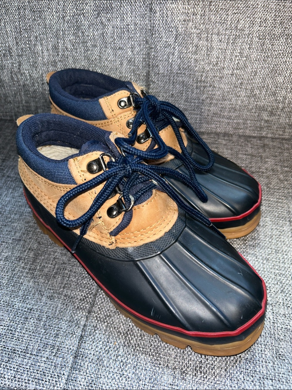 Lands' End Navy, Tan & Red Duck Boots